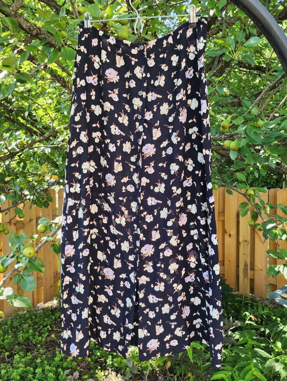 Vtg 80s Brooks Brothers Sz 12 Black Floral Maxi Skirt with Lavender Flowers